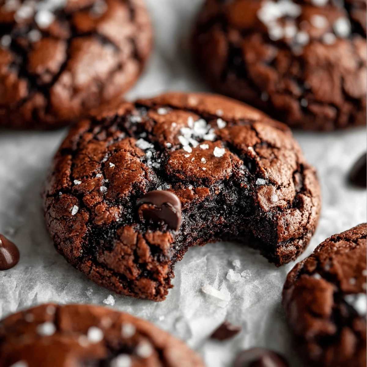 Fudgy chewy brookies with crackled brownie cookie tops, melted chocolate center and flaky sea salt on parchment paper.