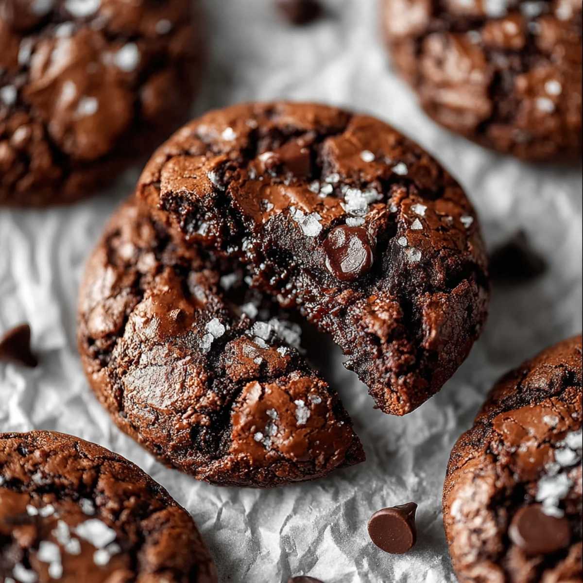 Close-up of fudgy chewy brookies with cracked brownie cookie texture, melted chocolate chips and flaky sea salt on parchment paper.