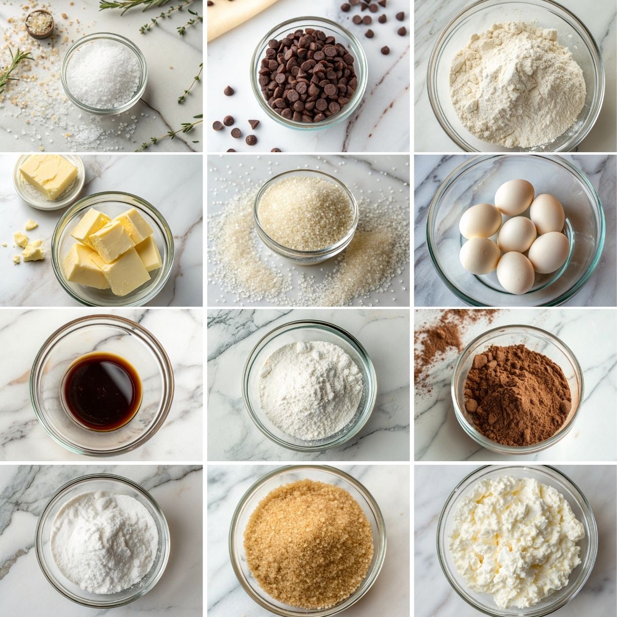 Easy Fudgy Chewy Brookies 10 Fresh ingredients for fudgy chewy brookies including butter, eggs, cocoa powder, flour, sugar, vanilla and chocolate chips.