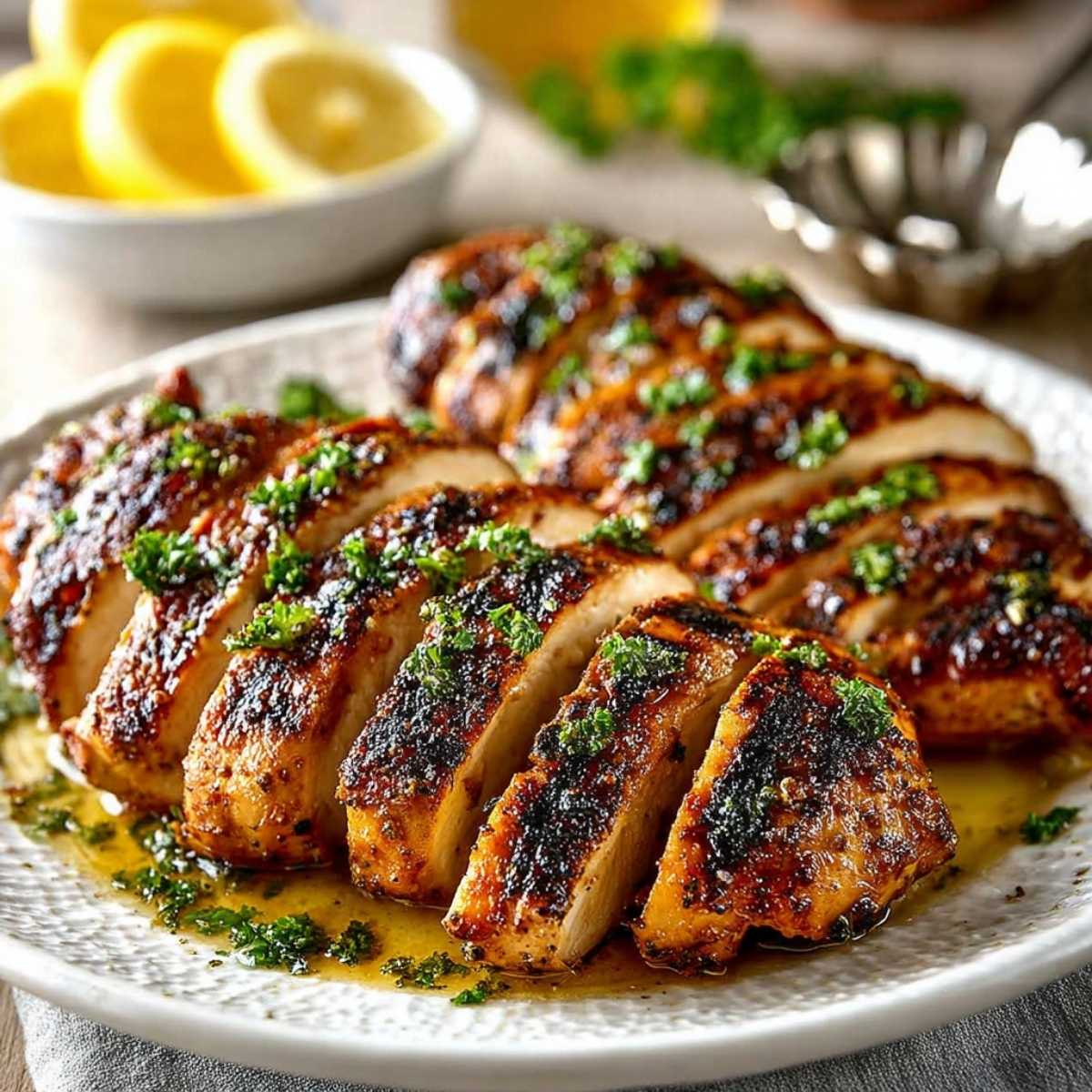 Best Grilled Chicken Marinade 9 Grilled chicken marinade on a white plate showing juicy sliced chicken breasts with charred edges, herbs, and lemon on marble surface.