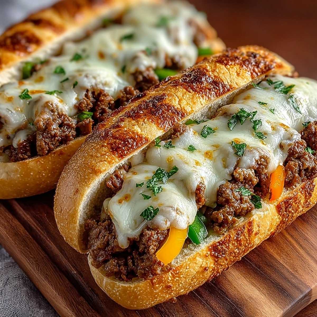 Ground Beef Philly Cheesesteaks 9 Ground Beef Philly Cheesesteaks on toasted hoagie rolls with melty provolone, sautéed peppers and onions on a wooden board.