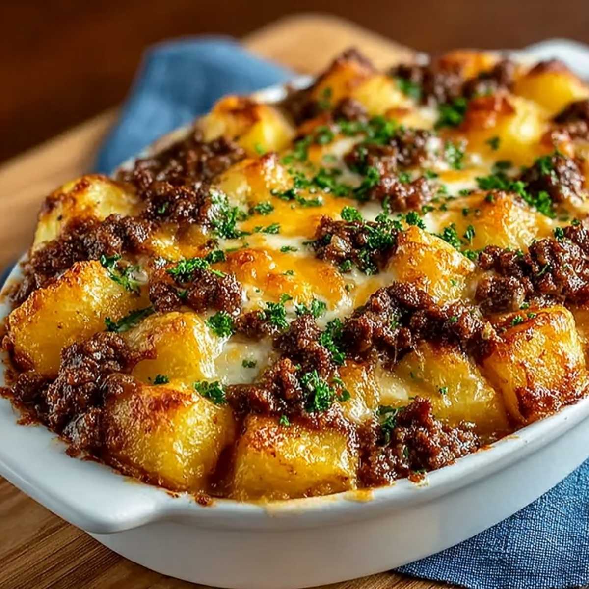 Easy Hobo Casserole 9 Hobo casserole with ground beef and potatoes in a white baking dish, featuring golden potatoes, melted cheese, and savory beef.