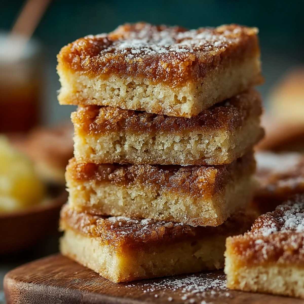 A close-up view of three stacked Honey Cinnamon Dessert bars on a rustic wooden board, showing the thick shortbread base and gooey caramelized topping dusted with powdered sugar.