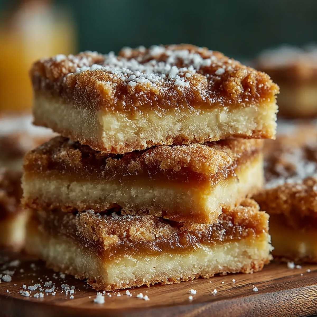 A stack of three gooey Honey Cinnamon Dessert bars on a rustic wooden board, dusted with powdered sugar showing the thick shortbread crust