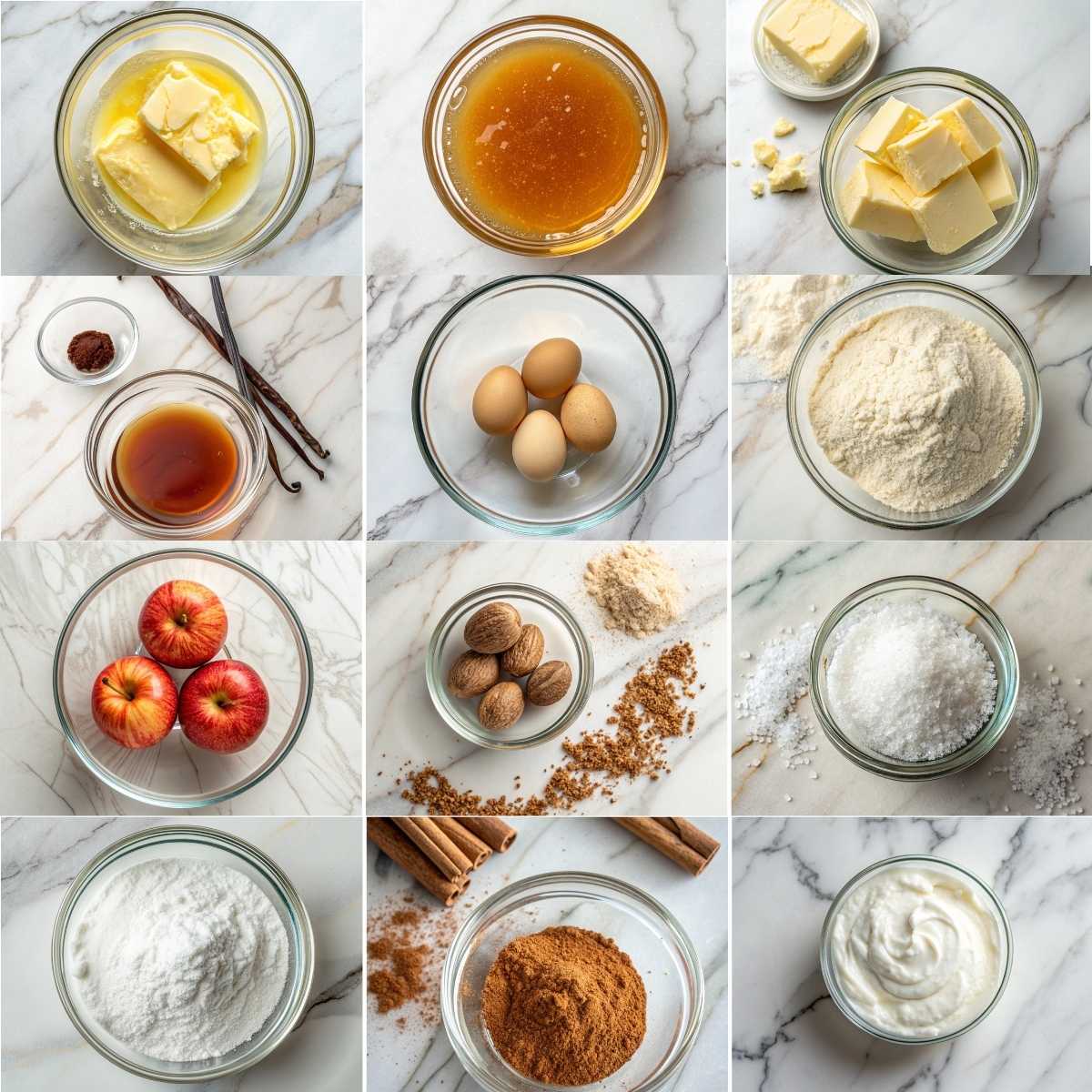 Easy Honey Cinnamon Dessert 10 A grid collage of ingredients for Honey Cinnamon Dessert, featuring bowls of golden honey, fresh apples, butter, eggs, flour, and cinnamon sticks