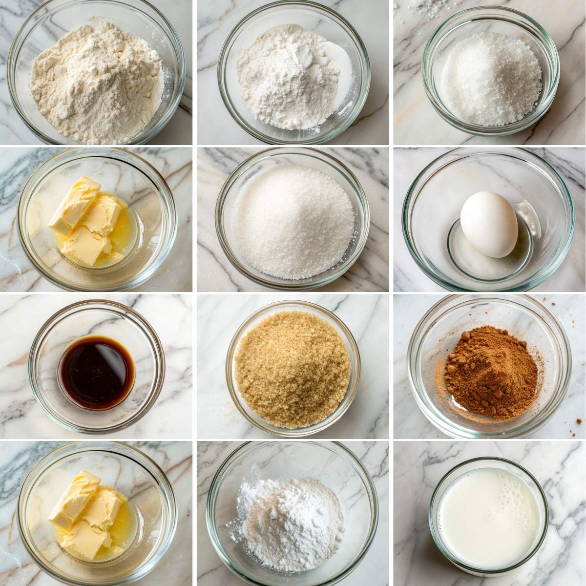 Irresistible Cinnamon Roll Cookies 10 Fresh ingredients for irresistible cinnamon roll cookies including flour, butter, sugar, brown sugar, cinnamon, egg, milk, and vanilla.