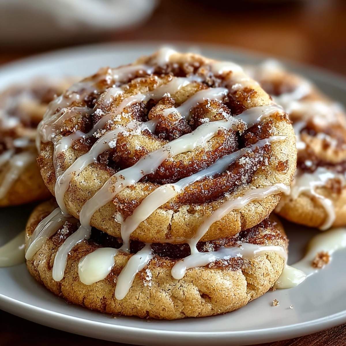 Irresistible cinnamon roll cookies stacked on a white plate, showing cinnamon sugar swirls, golden edges, and vanilla icing drizzle.