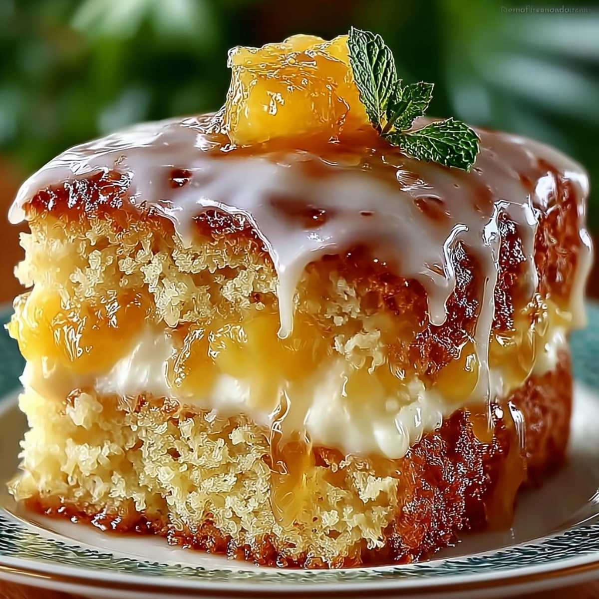Close-up of Juicy Pineapple Heaven Cake showing moist pineapple-soaked crumb, creamy topping drizzle, and golden fruit garnish.