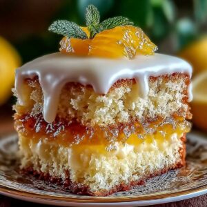 Easy Juicy Pineapple Heaven Cake 15 Juicy Pineapple Heaven Cake on a dessert plate, showcasing moist pineapple layers with glossy whipped topping and fresh mint garnish.