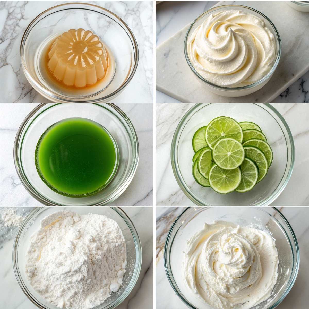 Easy Lime Mousse Cheesecake 11 Fresh lime mousse cheesecake ingredients with whipped cream, lime juice, gelatin, powdered sugar, and lime slices for garnish