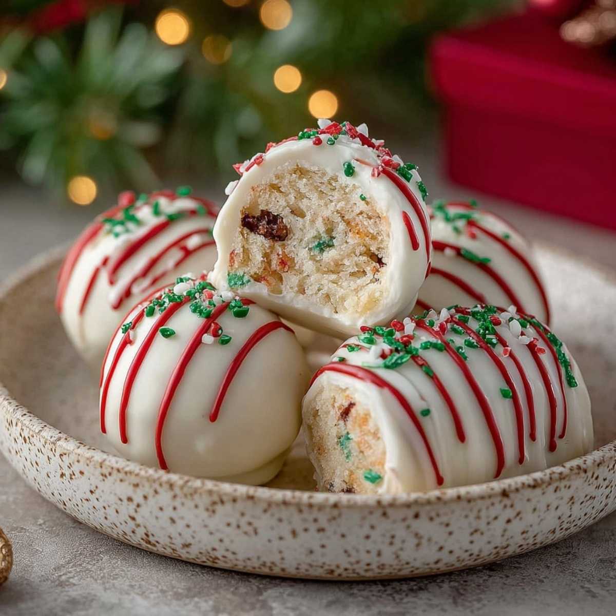 Close-up of Little Debbie Christmas Tree Cake showing soft vanilla cake interior, marshmallow filling, and white chocolate coating with sprinkles.