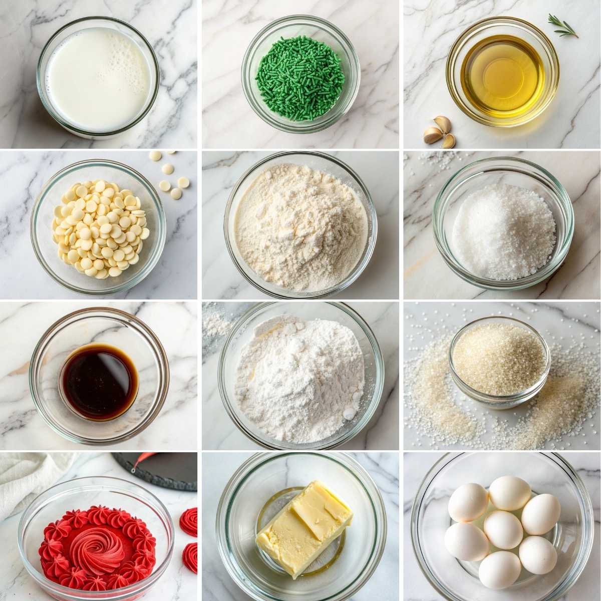 Easy Little Debbie Christmas Tree Cake 10 Ingredients for Little Debbie Christmas Tree Cake including flour, sugar, eggs, butter, marshmallow creme, milk, and white chocolate.