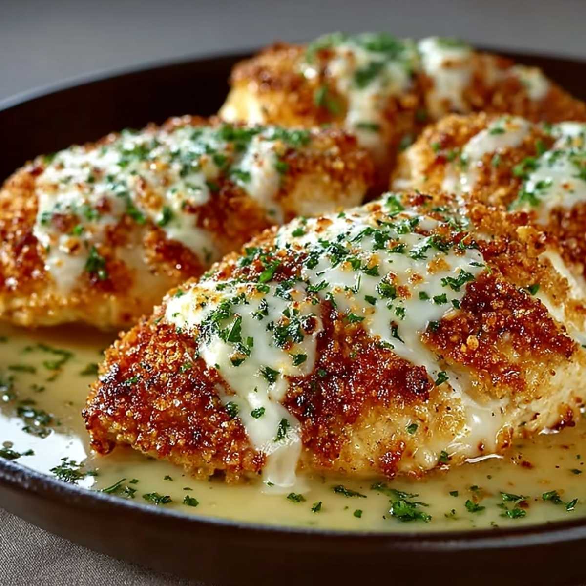 Longhorn Steakhouse Parmesan Chicken 9 Longhorn Steakhouse Parmesan Chicken with crispy panko crust, melted provolone cheese, and parsley garnish on a dark plate.