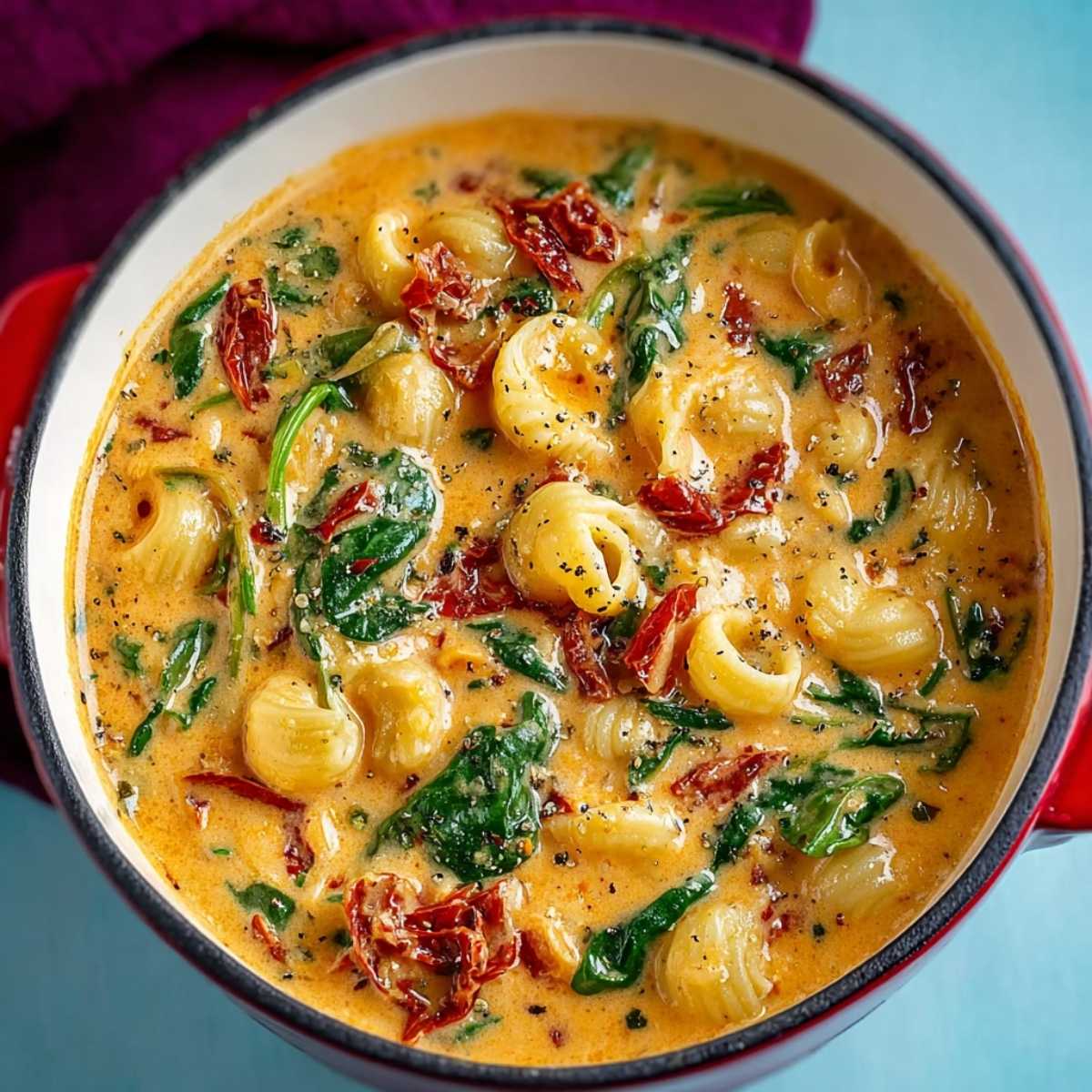 Marry Me Chicken Soup with gnocchi in a creamy Parmesan broth, featuring sun-dried tomatoes and fresh spinach in a cozy pot.