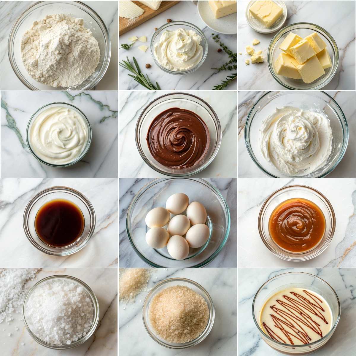 Easy Millionaires Cheesecake Bars 10 Millionaires cheesecake bars ingredients with flour, butter, cream cheese, eggs, caramel sauce, dark chocolate, sugar, and heavy cream