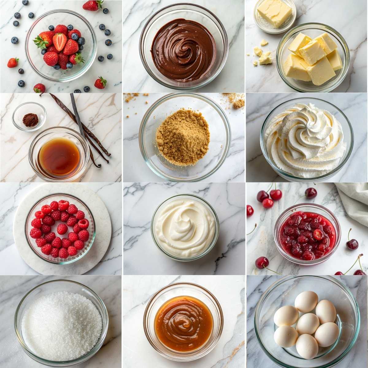 Easy Mini Cheesecakes 10 Fresh ingredients for mini cheesecakes including cream cheese, eggs, sugar, graham cracker crumbs, butter, vanilla, and berries.