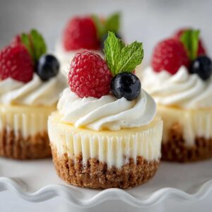 Easy Mini Cheesecakes 13 Mini cheesecakes topped with whipped cream, raspberries, blueberries, and mint on a white plate with graham cracker crust.