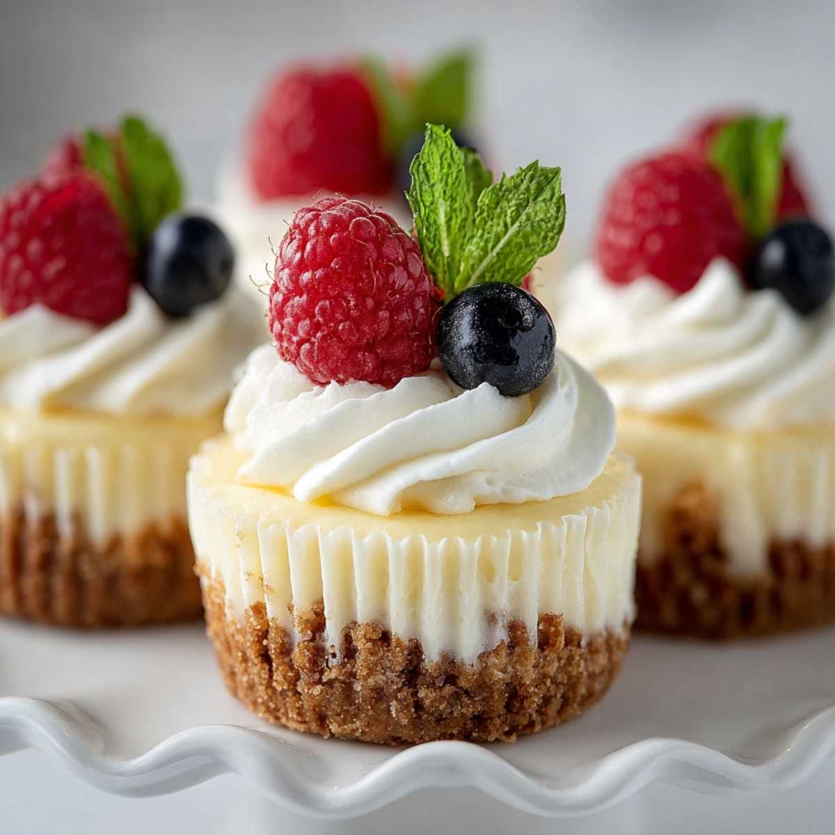 Mini cheesecakes topped with whipped cream, raspberries, blueberries, and mint on a white plate with graham cracker crust.
