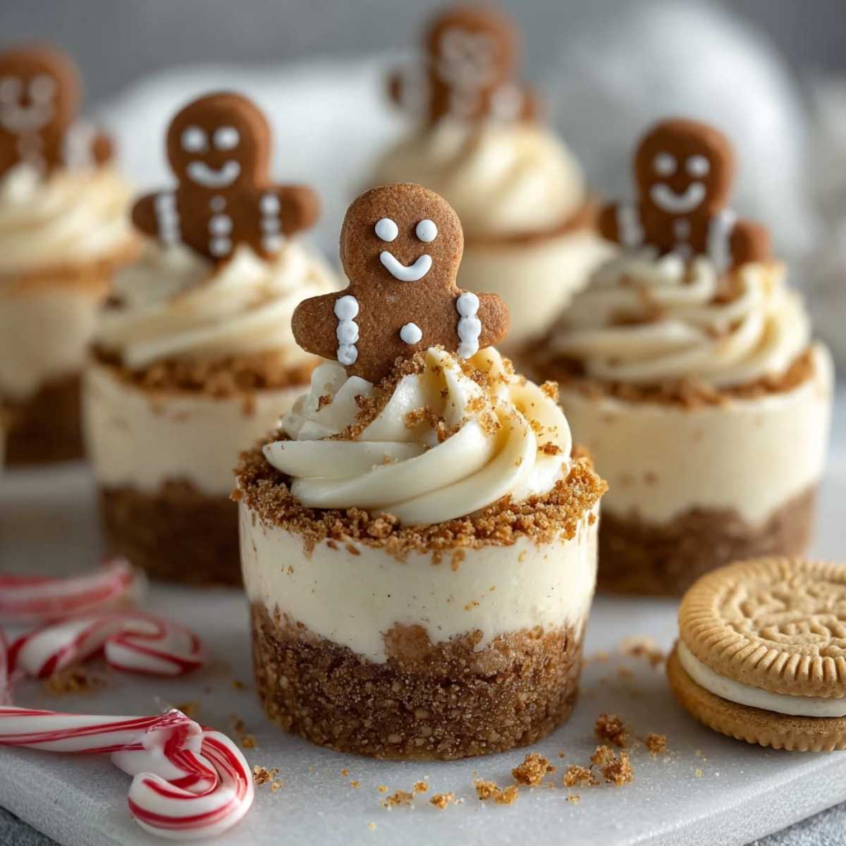 Close-up of no-bake gingerbread cheesecake cups showing creamy spiced filling, gingersnap crust, and gingerbread cookie topping.