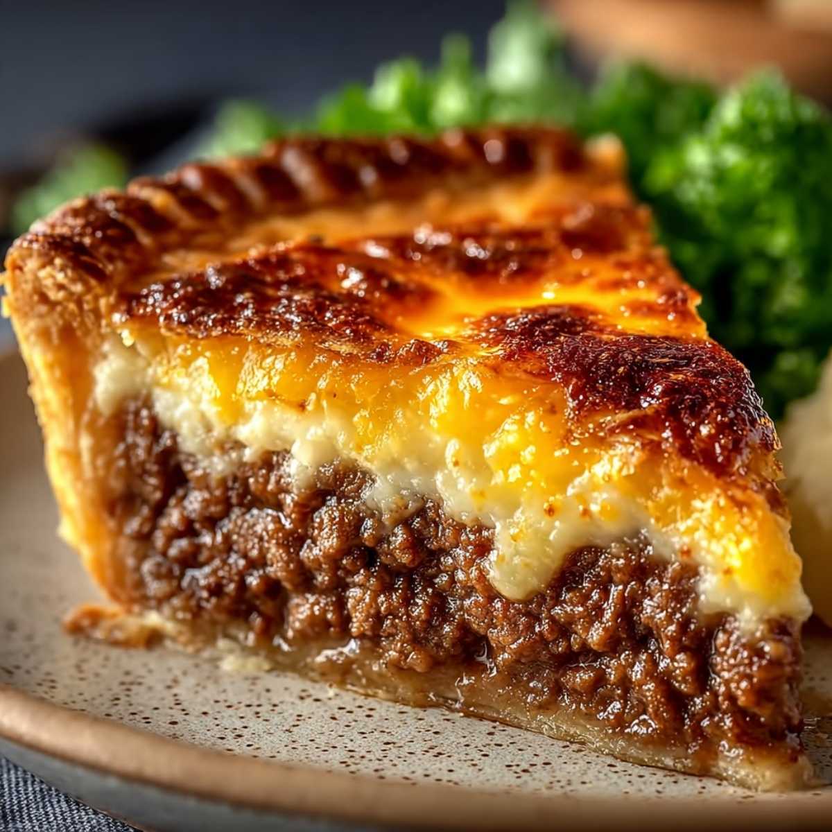 Old-fashioned cheeseburger pie with a golden cheddar top and savory ground beef filling, sliced and served on a ceramic plate.