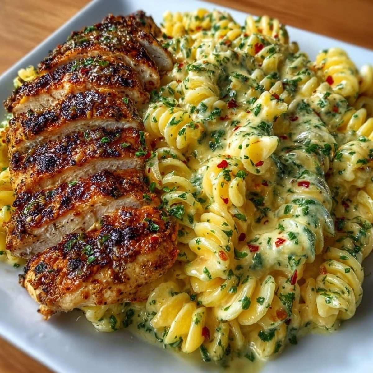 One-pan garlic parmesan chicken pasta with sliced golden chicken and creamy rotini pasta, garnished with parsley and red pepper flakes.