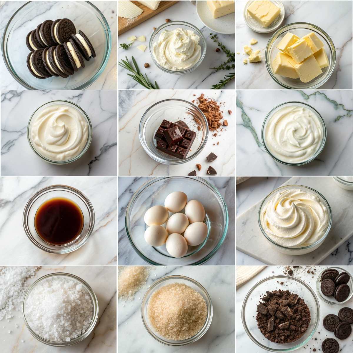 Easy Oreo Cheesecake 10 Oreo cheesecake ingredients with cream cheese, eggs, sugar, sour cream, heavy cream, chocolate, and crushed Oreos