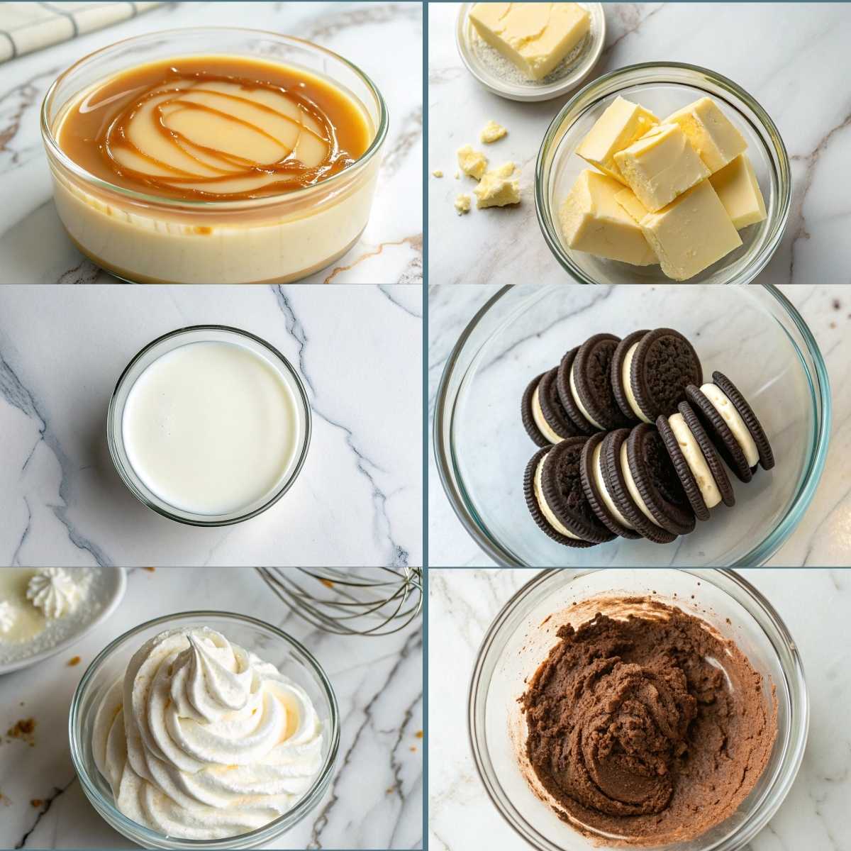 Easy Oreo Dump Cake 10 Fresh ingredients for Oreo dump cake including crushed Oreo cookies, sweetened condensed milk, cake mix, butter, and whipped topping.