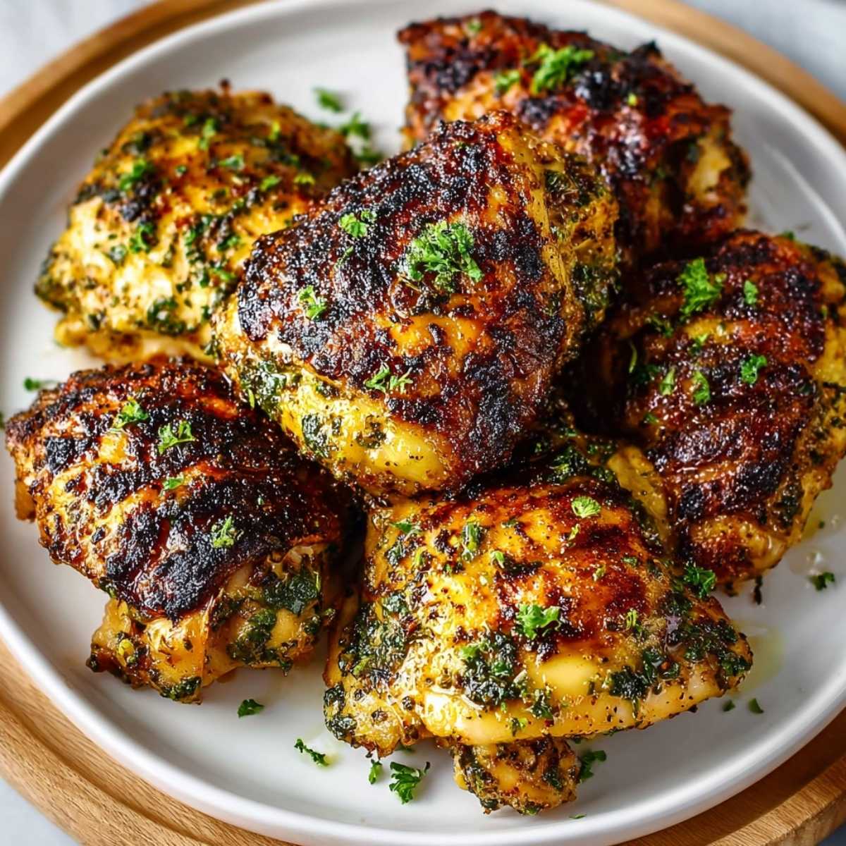Easy Oven Baked Chicken Thighs 9 Oven baked chicken thighs with crispy golden skin and herb seasoning, served on a white plate with parsley garnish.