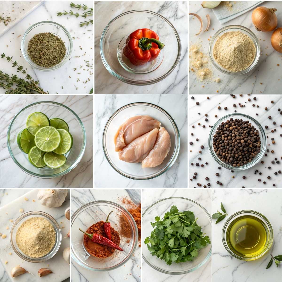 Easy Oven Baked Chicken Thighs 10 Ingredients for oven baked chicken thighs including bone-in chicken thighs, olive oil, garlic powder, paprika, herbs, and lemon.