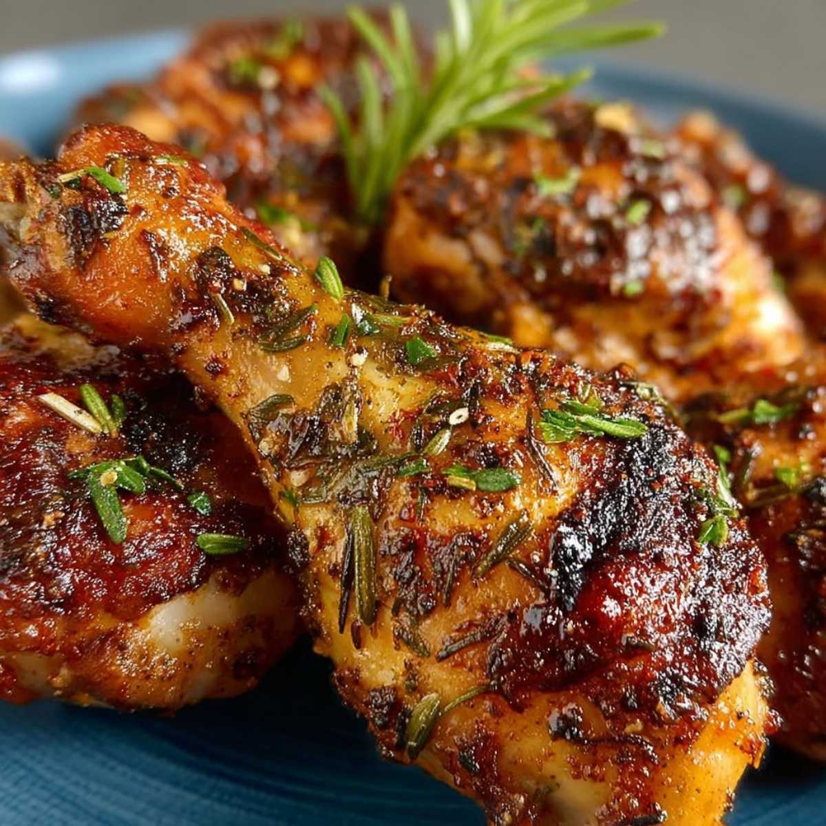 Oven roasted chicken legs with crispy skin and herb seasoning on a blue plate, showing golden-brown texture and juicy meat.