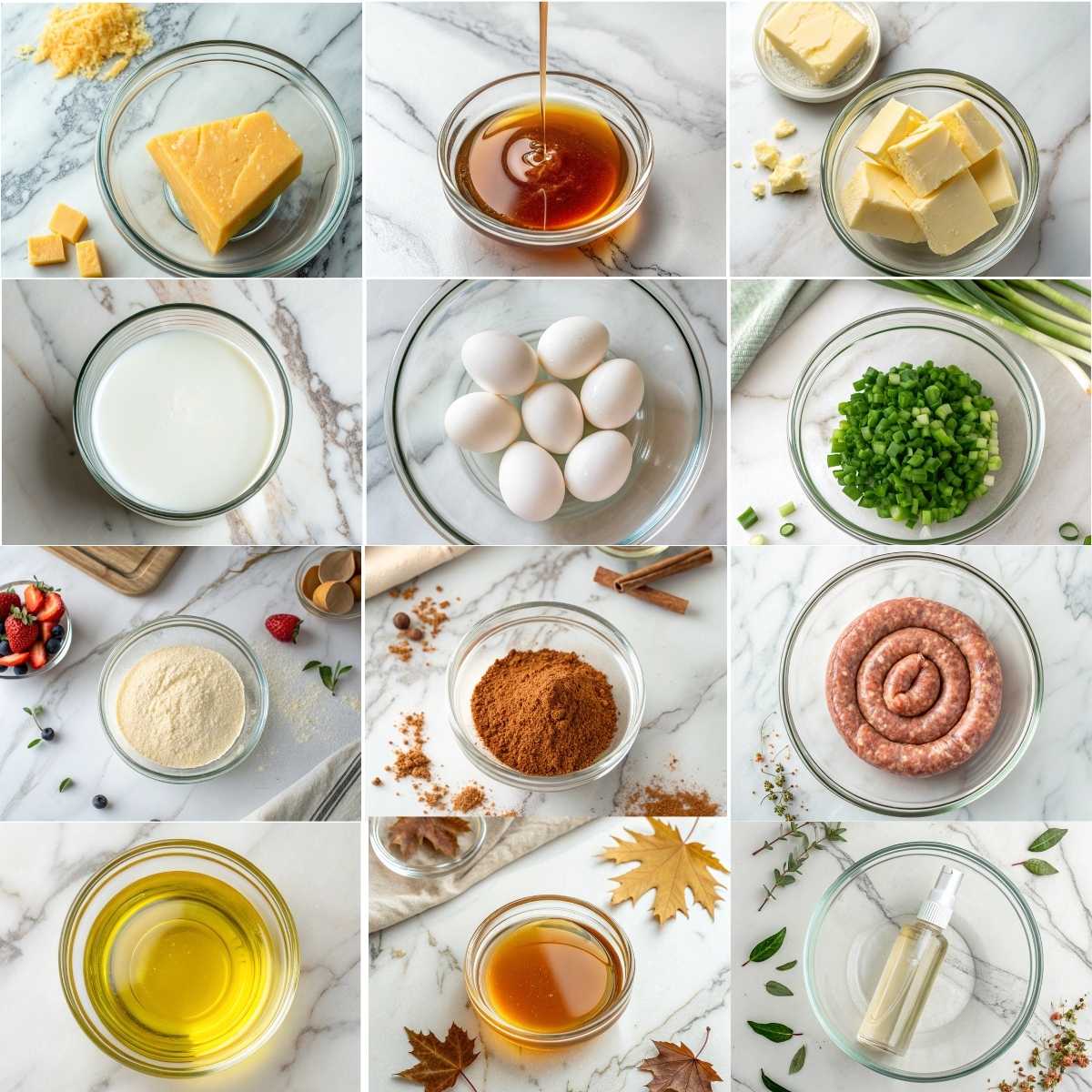 Easy Pancake Sausage Mini Muffins 10 Ingredients for pancake sausage mini muffins including pancake mix, eggs, milk, sausage, cinnamon, cheese, and maple syrup for baking!