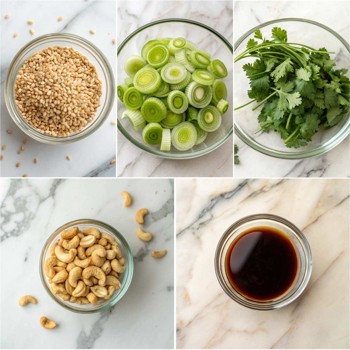 Easy Pineapple Chicken and Rice 11 Serving toppings for pineapple chicken and rice with green onions, sesame seeds, cilantro, and crunchy cashews topping set