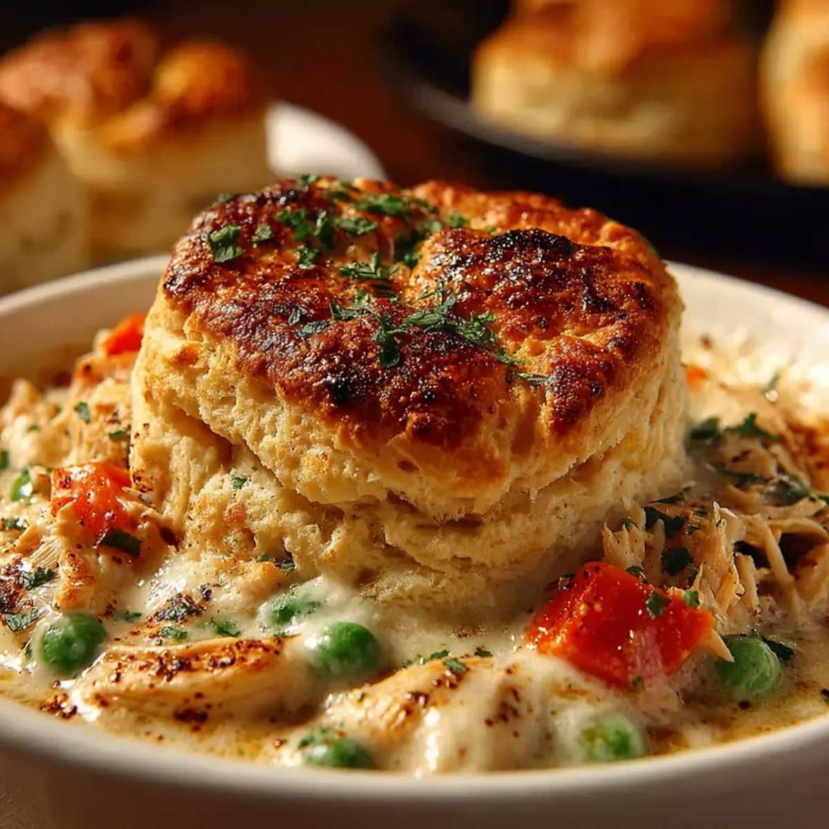 Red Lobster Biscuit Chicken in a white bowl, featuring a golden Cheddar Bay biscuit topping over creamy chicken, peas, and carrots.