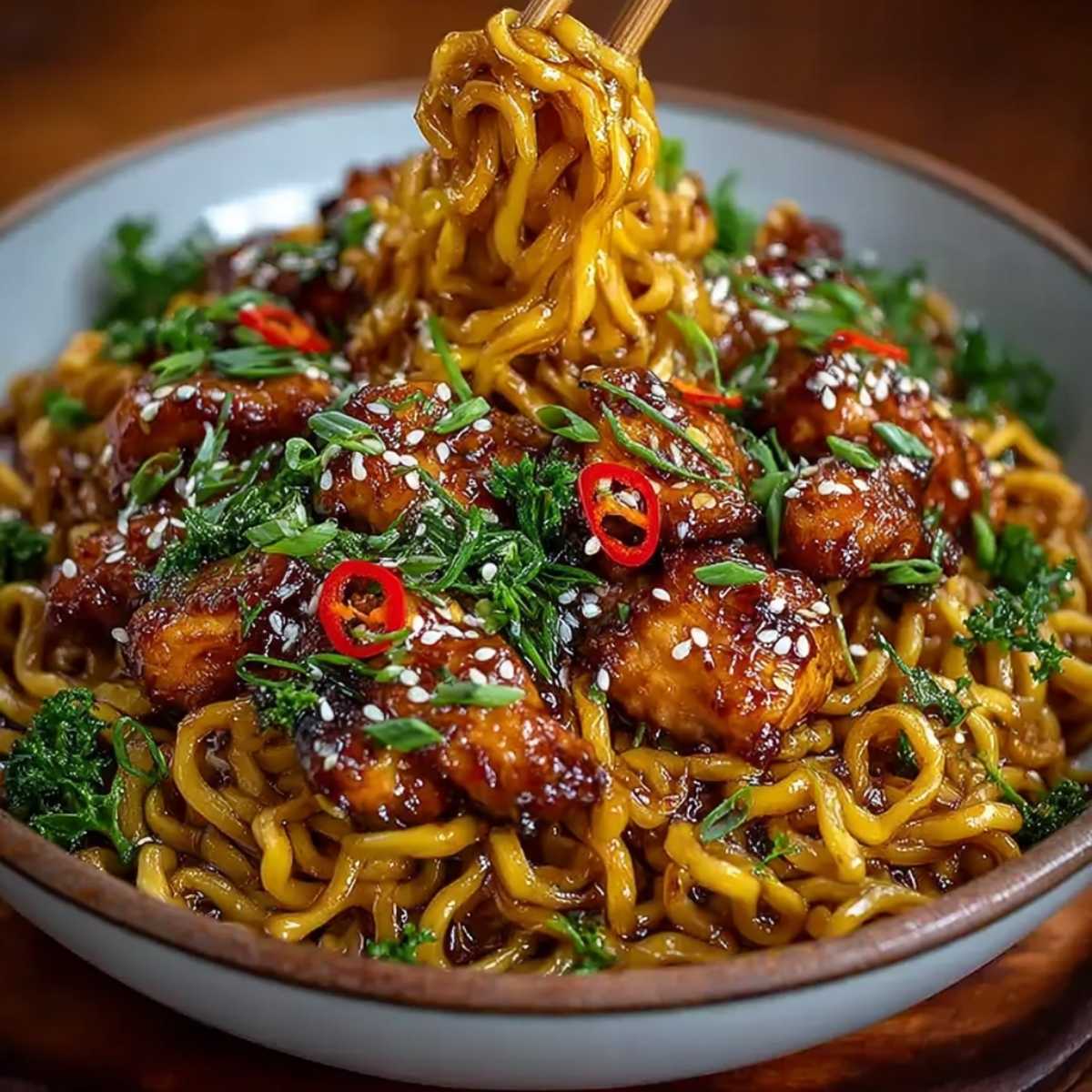 Sticky garlic chicken noodles in a bowl, featuring saucy lo mein noodles, glazed chicken thighs, sesame seeds, and green onions.