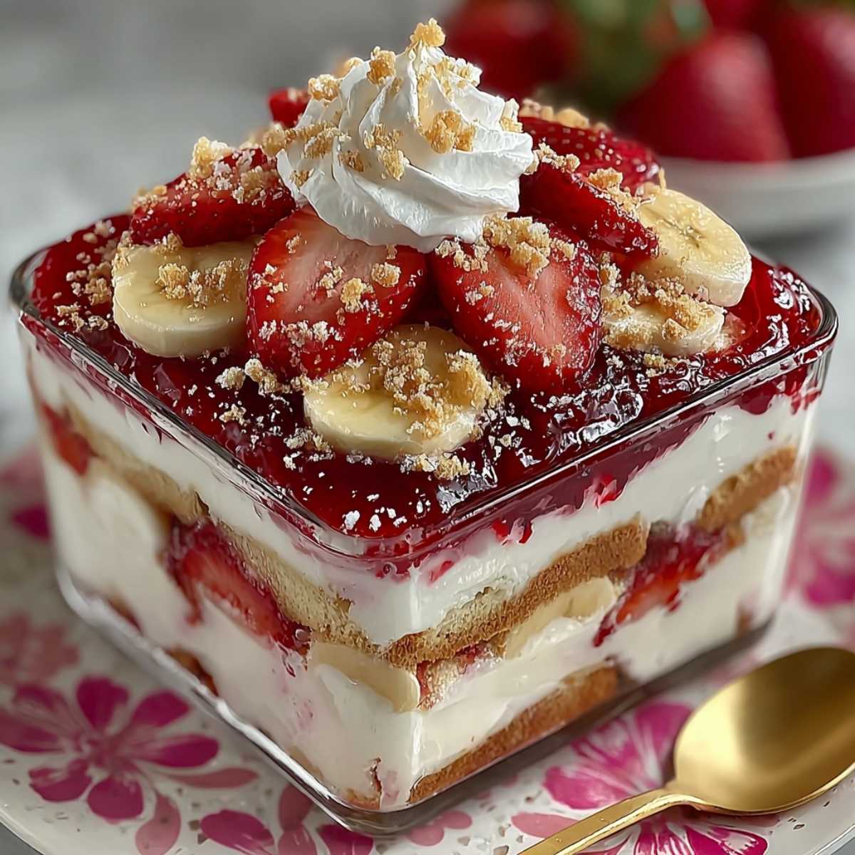 Close-up of strawberry banana pudding dream showing creamy vanilla layers, fresh strawberry slices, banana rounds, and whipped cream topping.