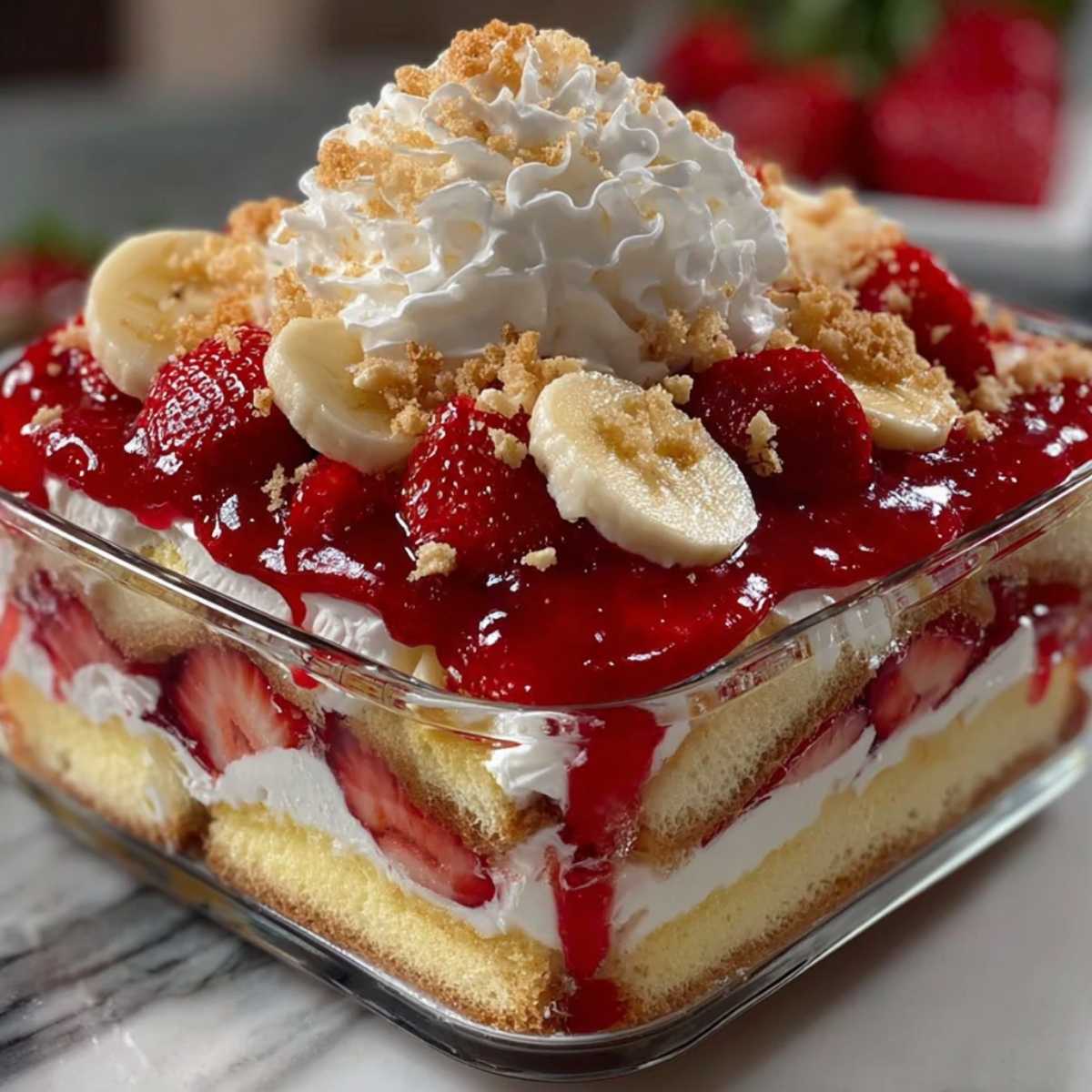 Strawberry banana pudding dream with whipped cream, fresh banana slices, strawberry topping, and vanilla crumb layers in glass dish.