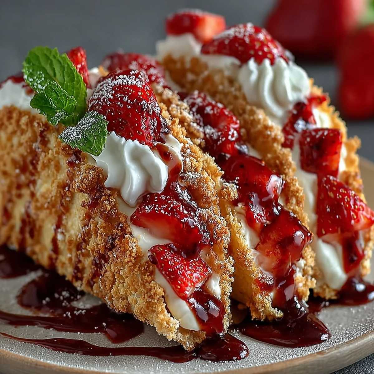 Close-up of Strawberry Crunch Cheesecake Tacos showing crispy crumb shell, creamy cheesecake filling, and glossy fresh strawberry topping.