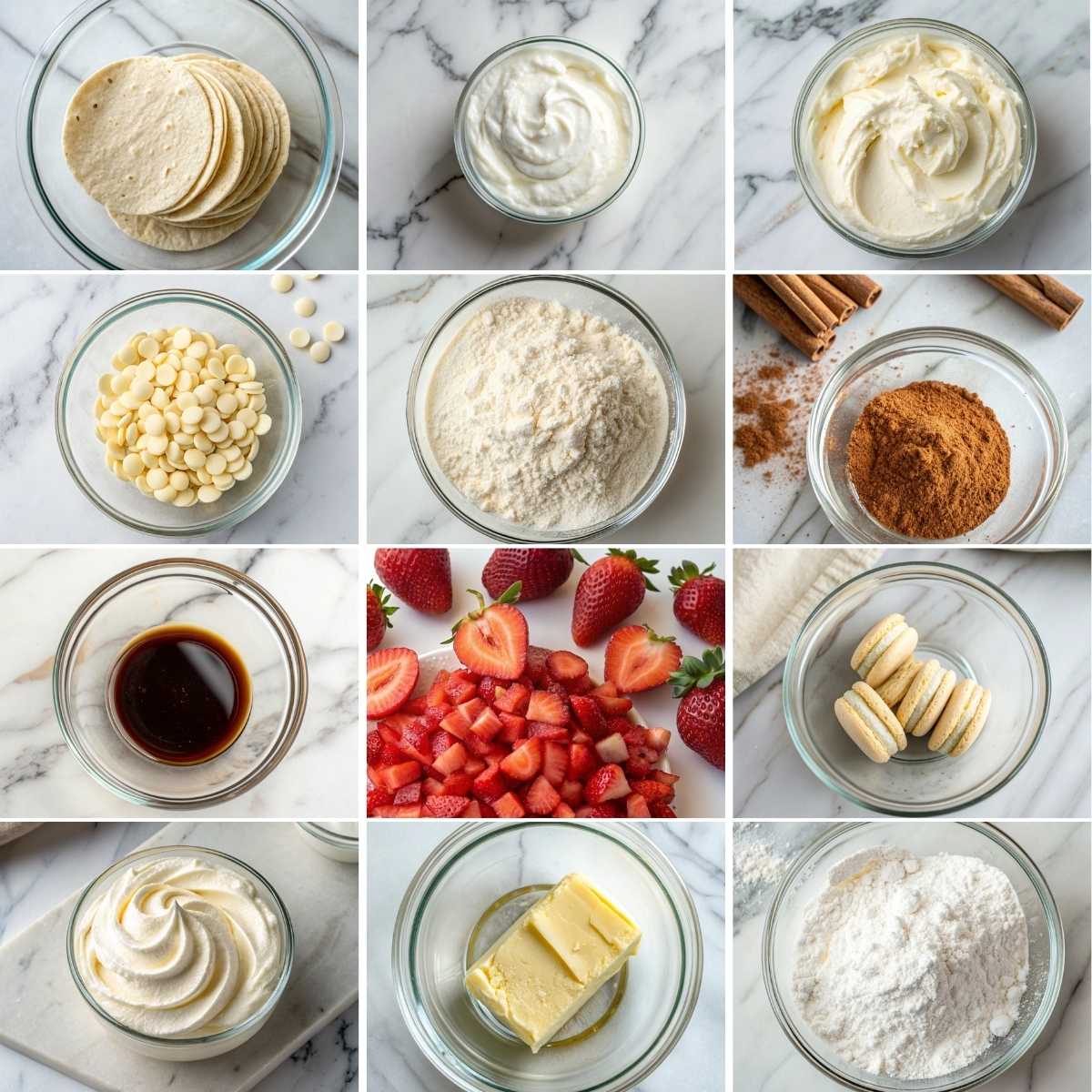 Easy Strawberry Crunch Cheesecake Tacos 10 Ingredients for Strawberry Crunch Cheesecake Tacos including tortillas, cream cheese, strawberries, sugar, cinnamon, and vanilla wafers.