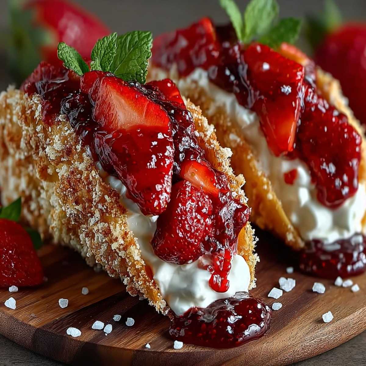 Strawberry Crunch Cheesecake Tacos on a wooden board, showing creamy cheesecake filling, crispy shell, and fresh strawberry topping.