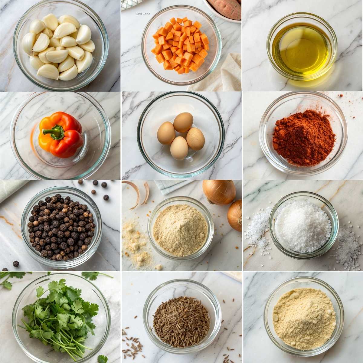 Easy Breakfast Sweet Potato 10 Ingredients for Sweet Potato Breakfast Hash arranged in glass bowls, including cubed sweet potatoes, eggs, peppers, and spices