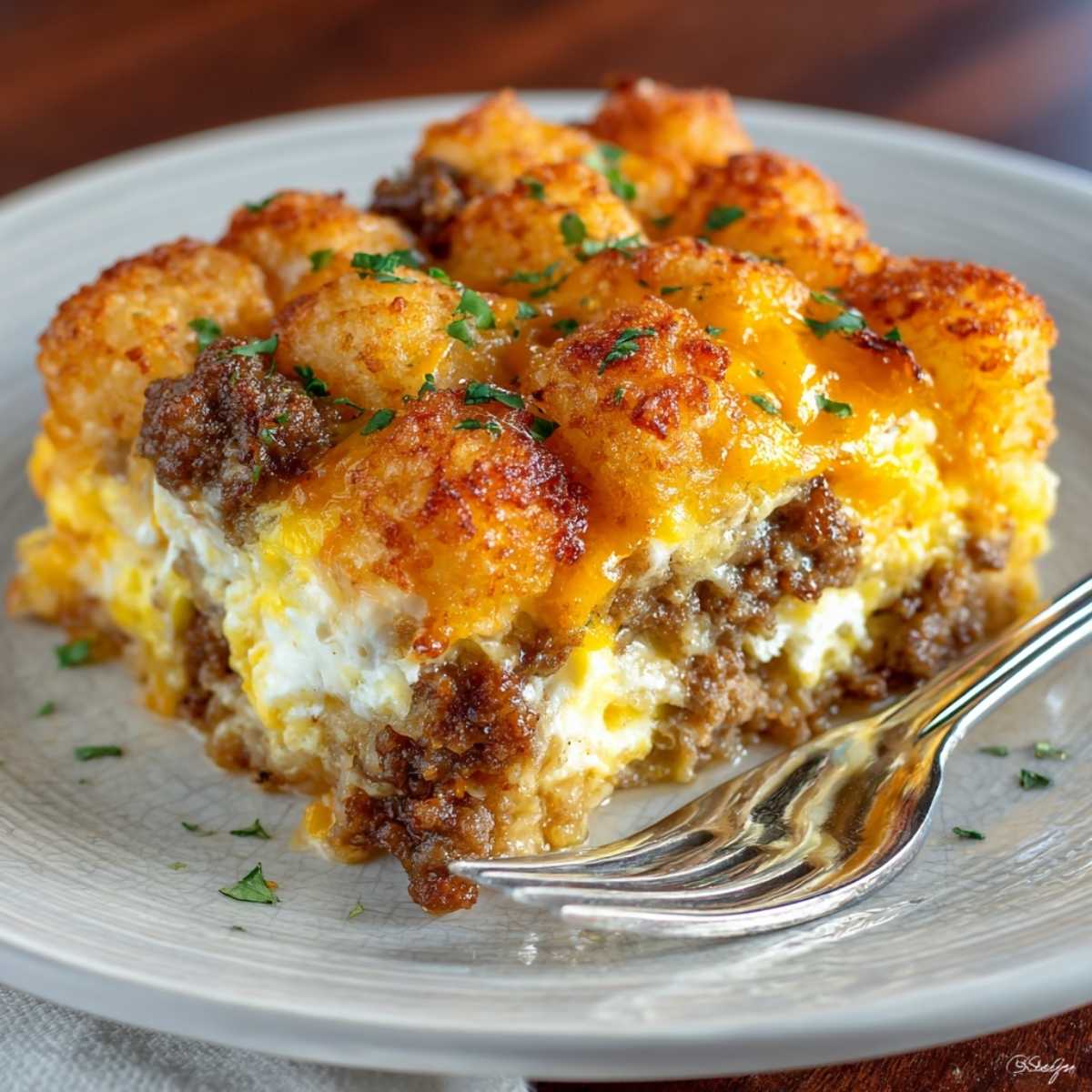 Easy Tater Tot Sausage Breakfast Casserole 10 Close-up of Tater Tot Sausage Breakfast Casserole slice showing fluffy egg texture and crispy golden potatoes, garnished with fresh chives on a white plate