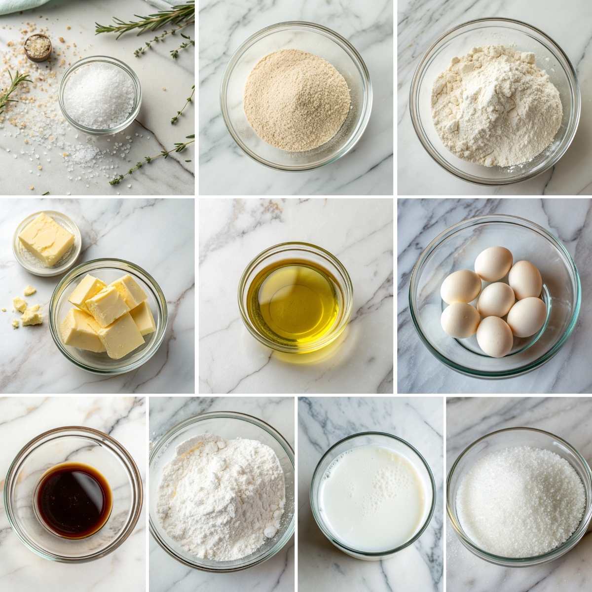 Easy Vanilla French Beignets 10 Ingredients collage for Vanilla French Beignets showing bowls of flour, sugar, warm milk, eggs, melted butter, yeast, and vanilla extract on a marble surface
