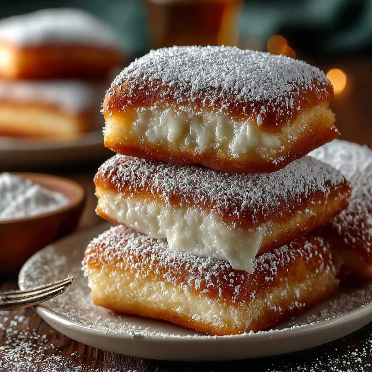Stack of freshly fried Vanilla French Beignets dusted with powdered sugar, showing a soft, moist interior on a ceramic plate