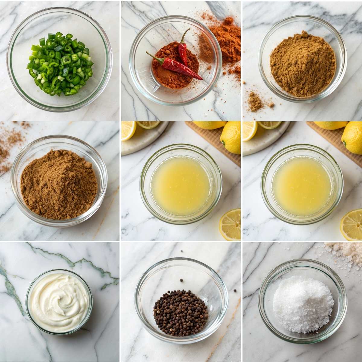 Easy White Chicken Chili 11 Seasonings and creamy finish ingredients for white chicken chilispices lime juice sour cream salt and pepper shown in bowls