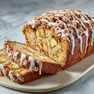Easy Apple Fritter Bread 20 Apple fritter bread loaf with cinnamon sugar swirl and vanilla glaze, showing moist crumb and diced apples on a marble plate.