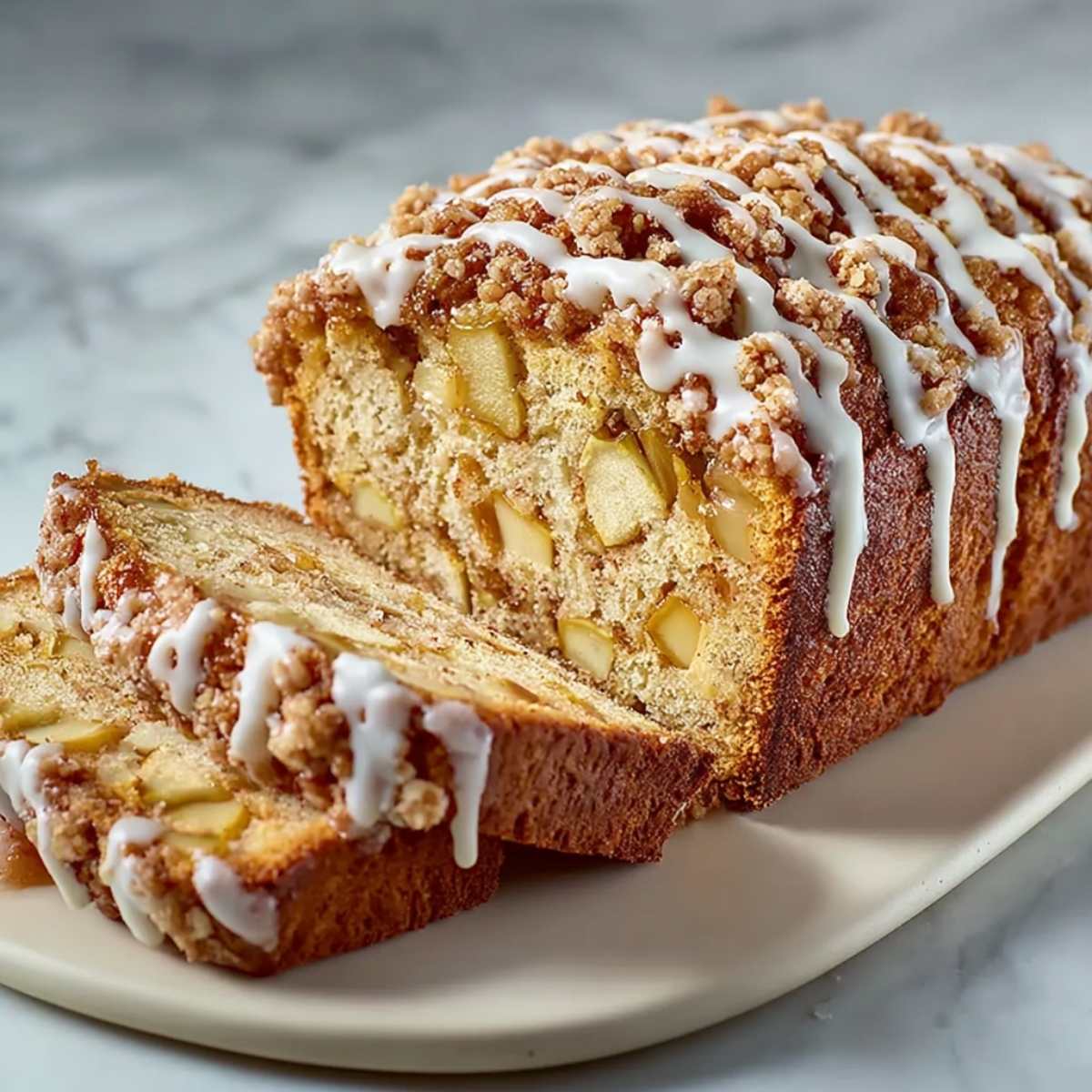 Apple fritter bread loaf with cinnamon sugar swirl and vanilla glaze, showing moist crumb and diced apples on a marble plate.