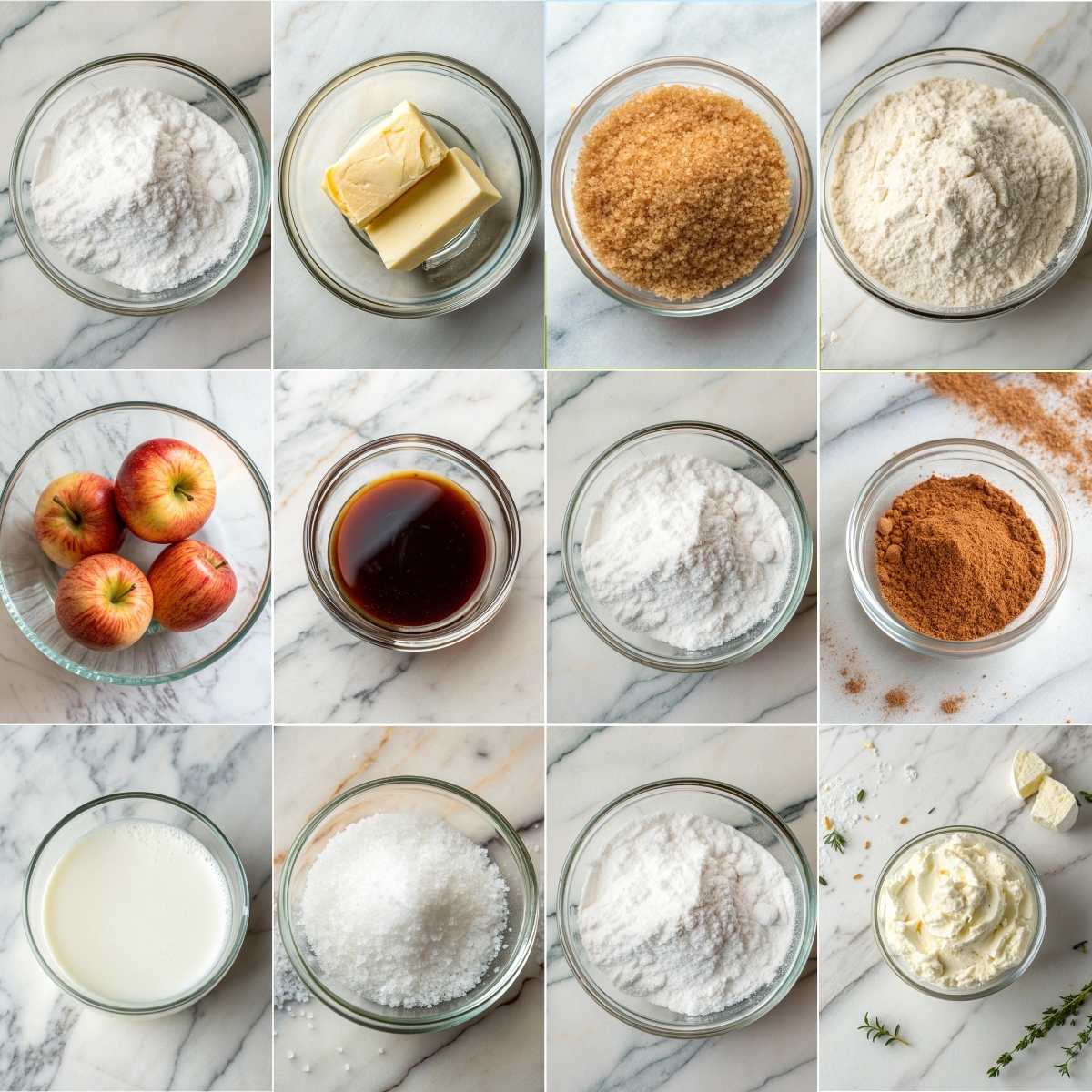 Easy Apple Fritter Bread 10 Apple fritter bread ingredients including flour, sugar, butter, eggs, apples, cinnamon, milk, sour cream, and vanilla on marble.