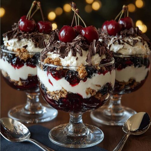 Easy Black Forest Trifle 26 Individual Black Forest Trifle servings in glass bowls, featuring layers of chocolate cake, cherries, and whipped cream.