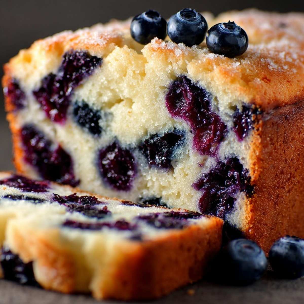 Blueberry Cream Cheese Bread sliced to show moist crumb, juicy blueberries, and creamy swirl, topped with sugar and fresh berries.