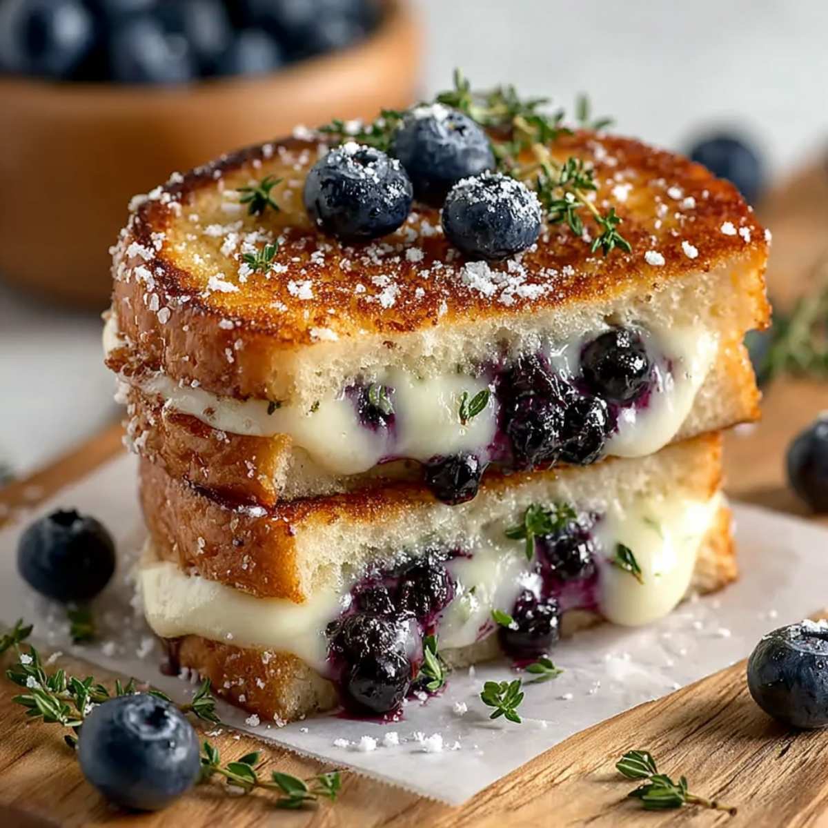 Blueberry grilled cheese on sourdough with melted brie and jammy blueberry compote, toasted golden and garnished with fresh thyme.
